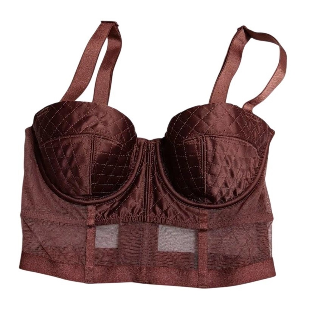 Victoria's Secret Bustier Bra Womens 32C Brown Quilted Mesh Longline Very Sexy